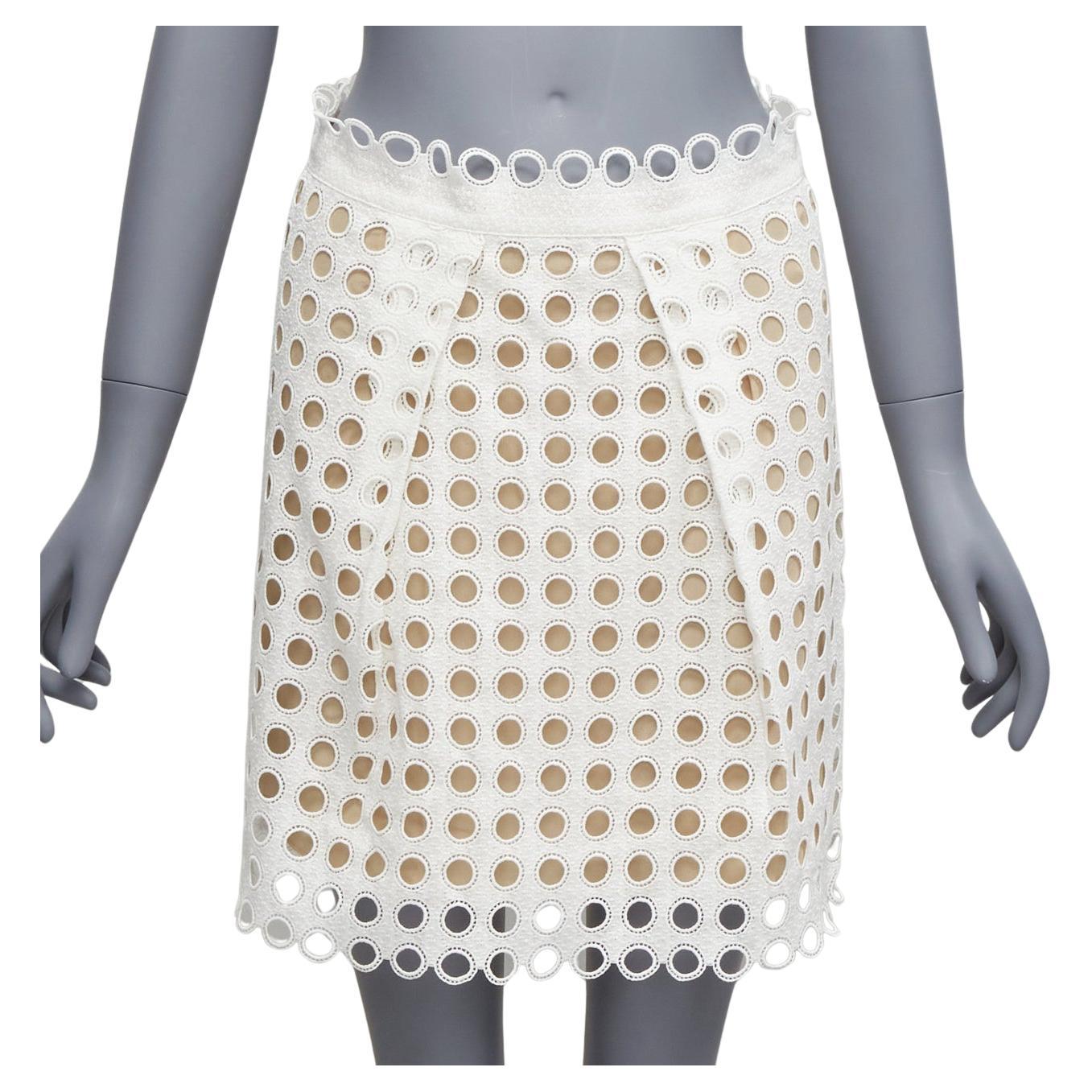 CHLOE white embroidery anglais eyelet layered silk lined skirt FR34 XS For Sale