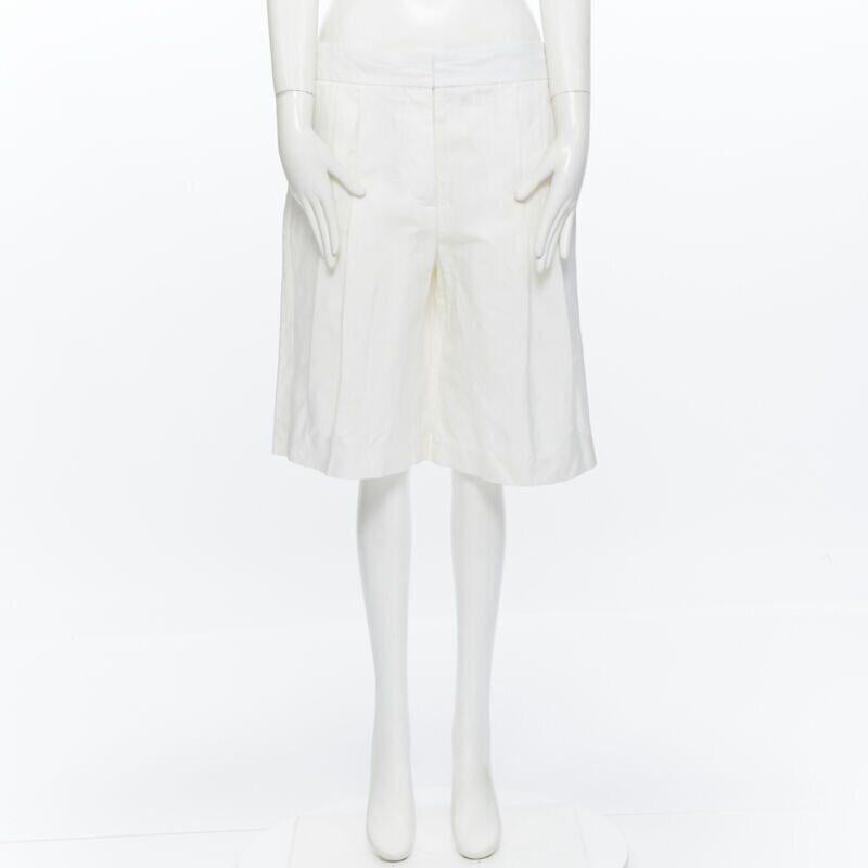 CHLOE white flax cotton blend pleat dark long length culotte shorts FR40 In Good Condition In Hong Kong, NT