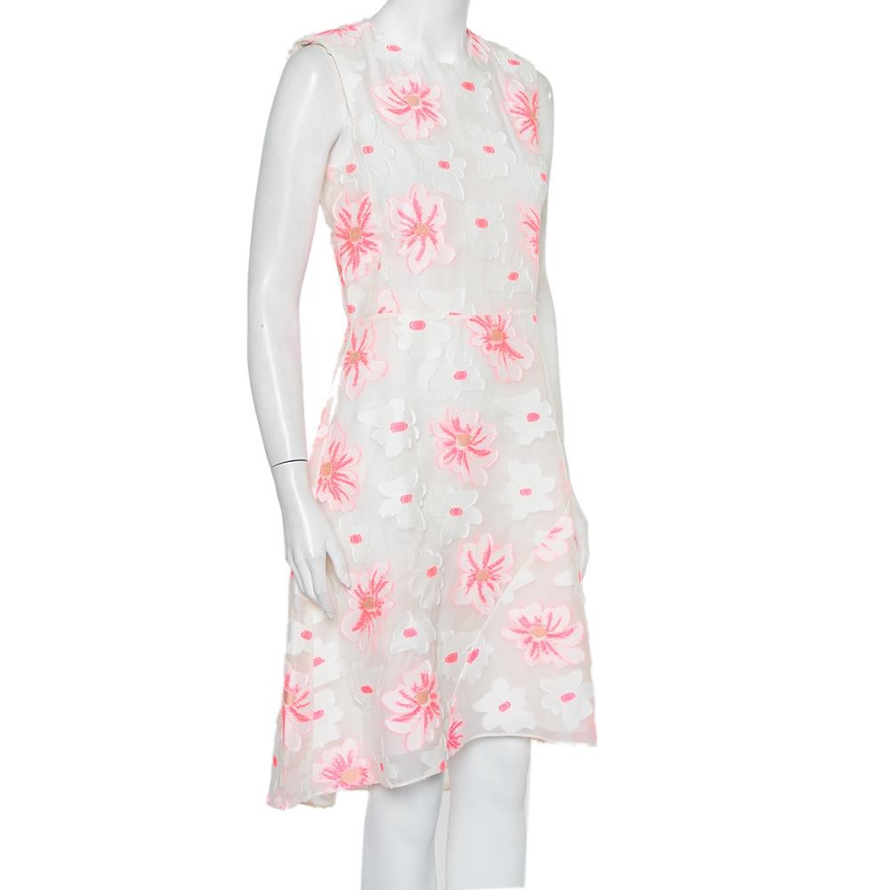 Beige Chloe White & Fluo Pink Floral Embroidered Organza Sheath Dress S