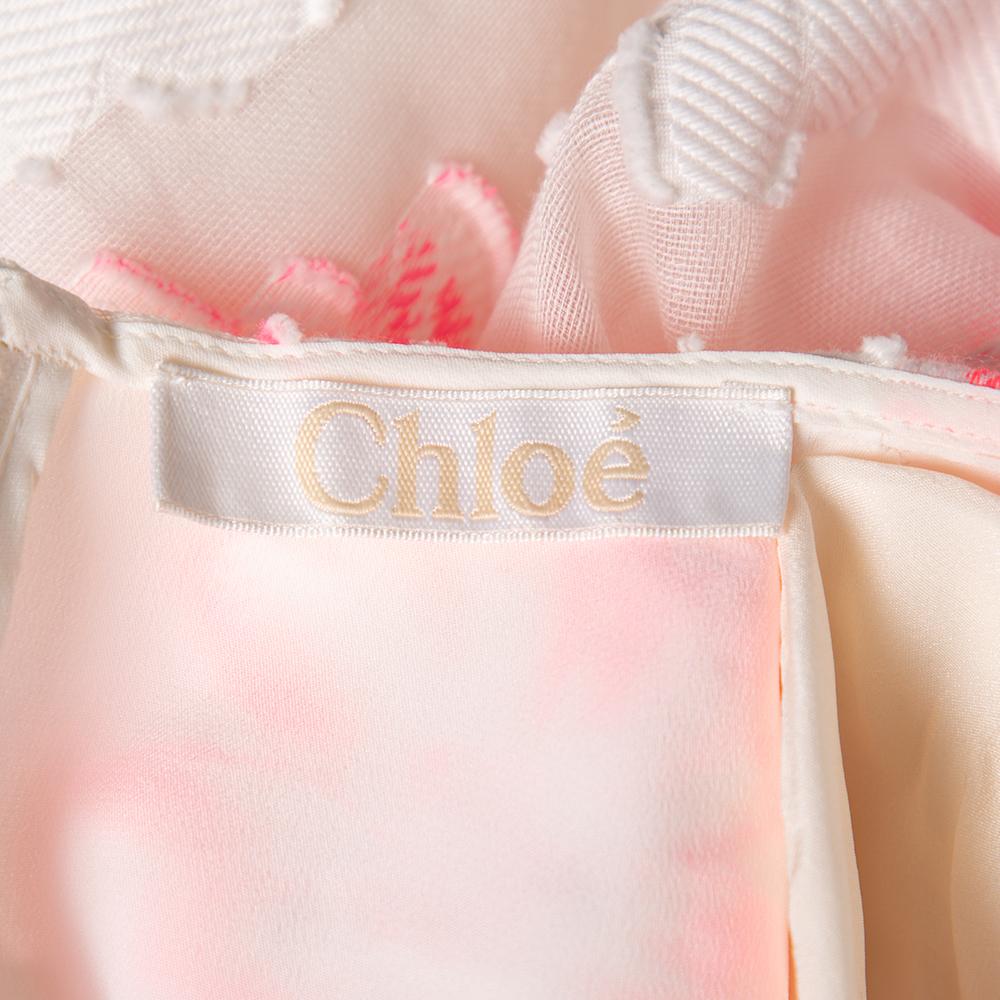 Chloe White & Fluo Pink Floral Embroidered Organza Sheath Dress S In Excellent Condition In Dubai, Al Qouz 2