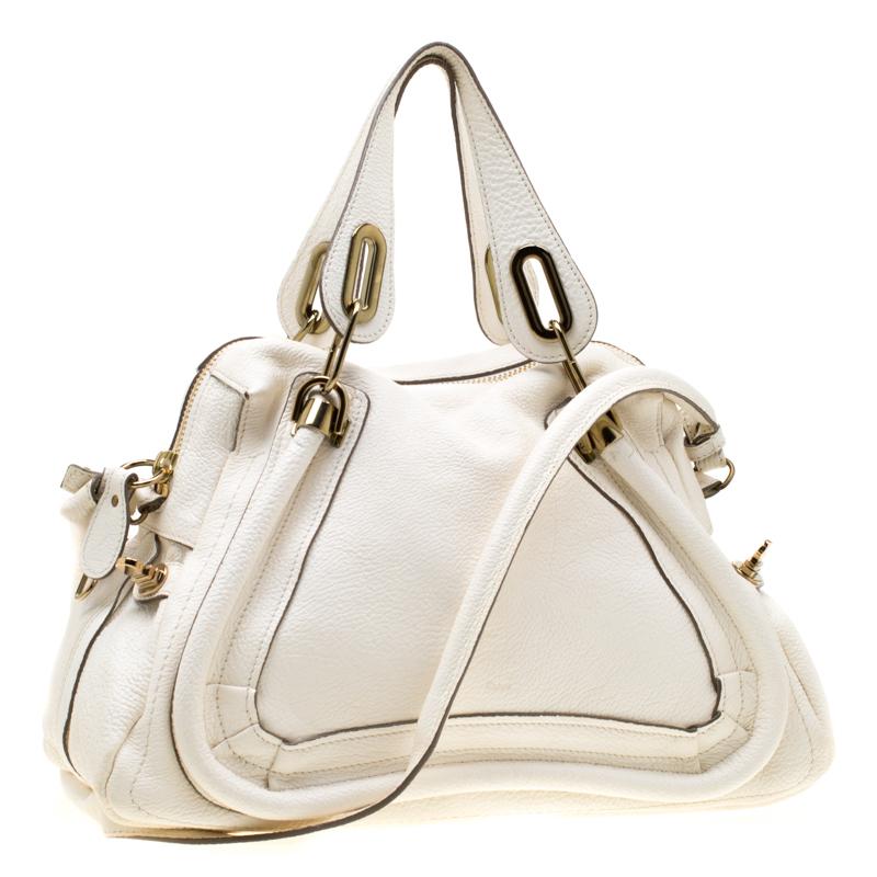 Chloe White Leather Medium Paraty Shoulder Bag In Good Condition In Dubai, Al Qouz 2