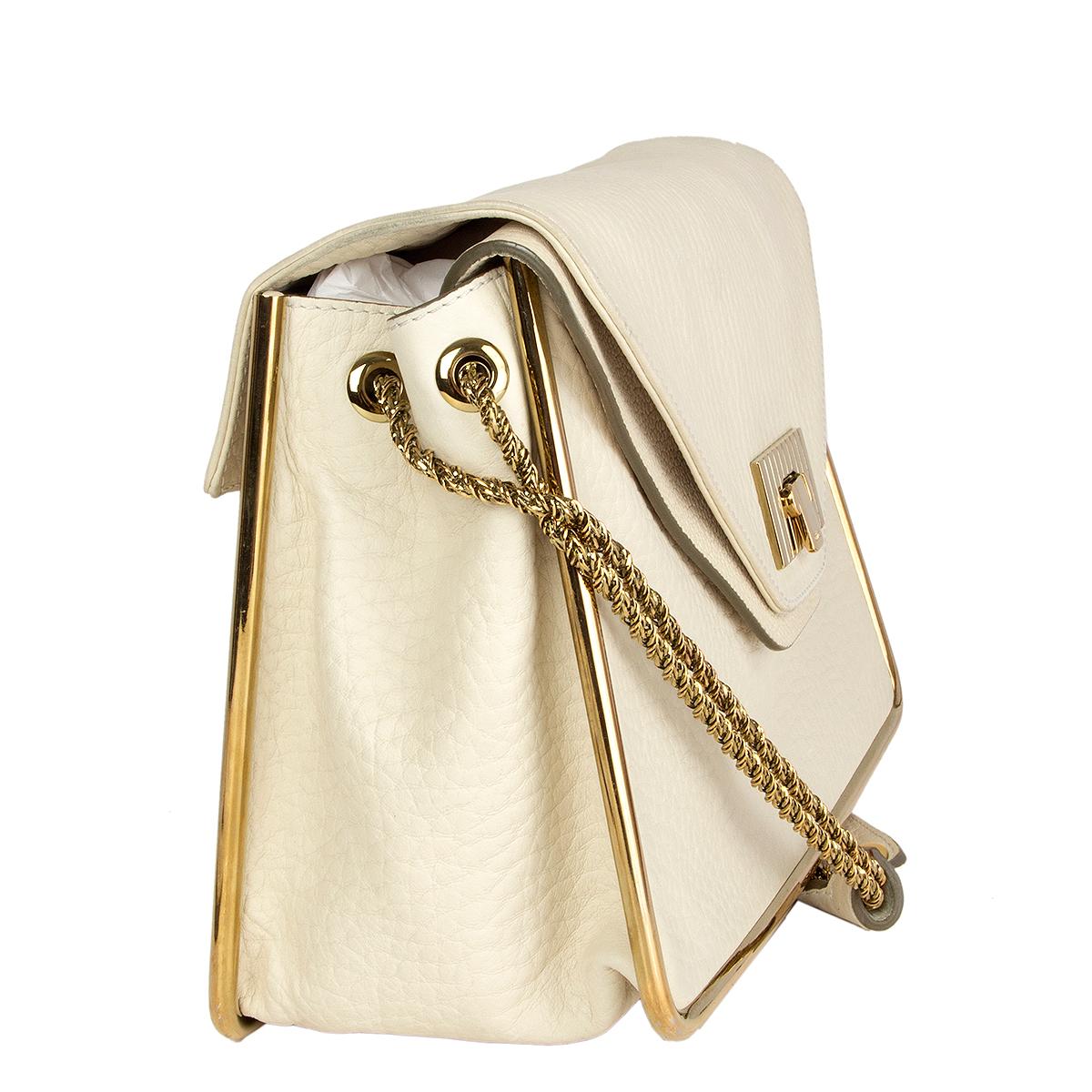 Chloé 'Sally Medium' shoulder bag in Milk (cream) grained calfskin featuring gold-tone hardware. Opens with a turn lock and has highlighted borders in gold-tone hardware. Intertwined chain with a leather strap. Interior is divided in two
