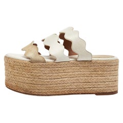 Chloe White Leather Suede Espadrille Platform Sandals Size 35