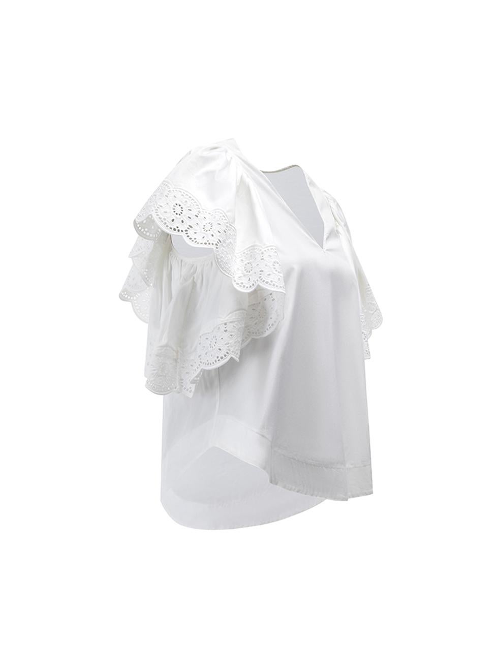 CONDITION is Very good. Minimal wear to blouse is evident. Minimal wear to the interior neckline where makeup stains can be seen on this used See by Chloé designer resale item. 
 
 Details
  White
 Cotton
 Blouse
 Short flared sleeves
 V neckline
