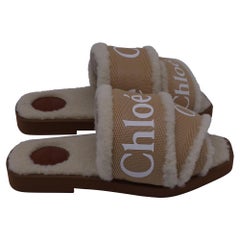 Chloe Woody Shearling Flat Slides in Beige Canvas