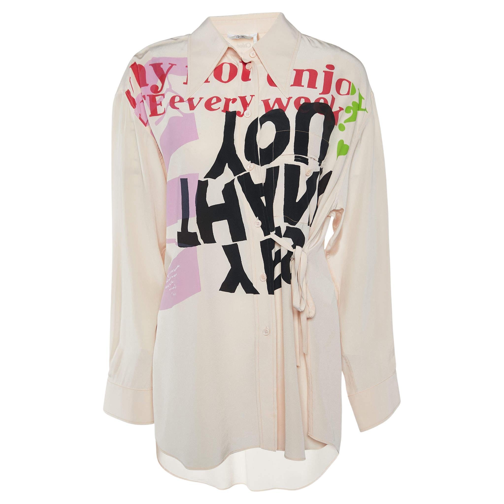 Chloe X Corita Kent Pansy Pink Slogan Print Silk Shirt M For Sale