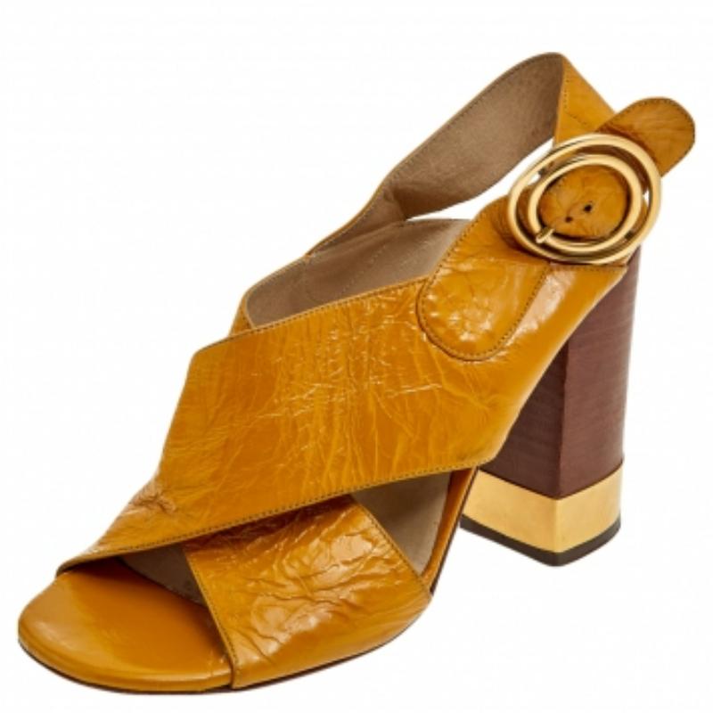 Chloe Yellow Leather Criss Cross Block Heel Sandals Size 36 3