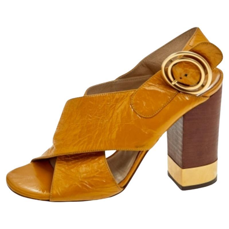 Chloe Yellow Leather Criss Cross Block Heel Sandals Size 36