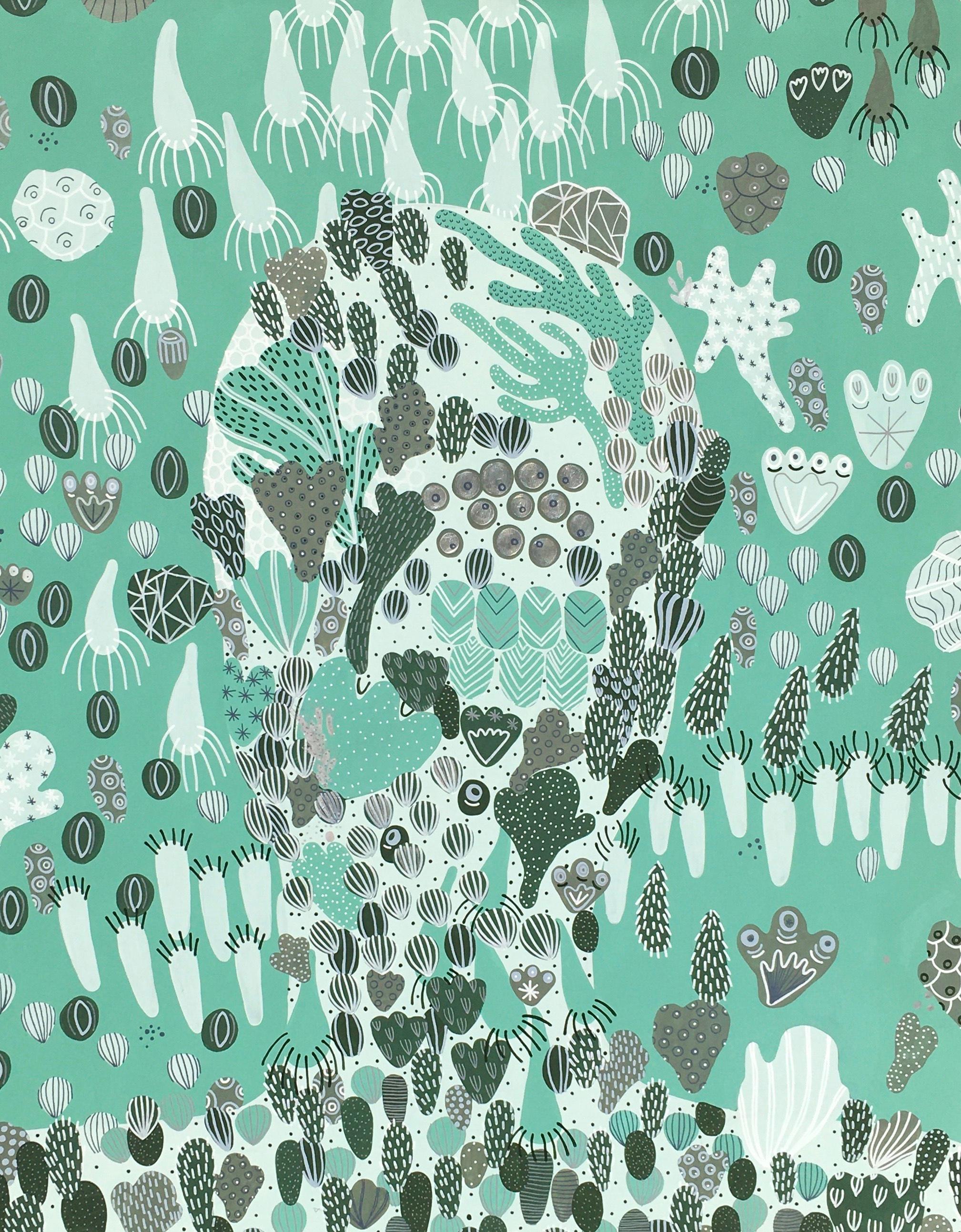 Chloe York Abstract Painting – THALASSO 4 - Abstraktes, figuratives mintgrünes Gemälde auf Leinwand