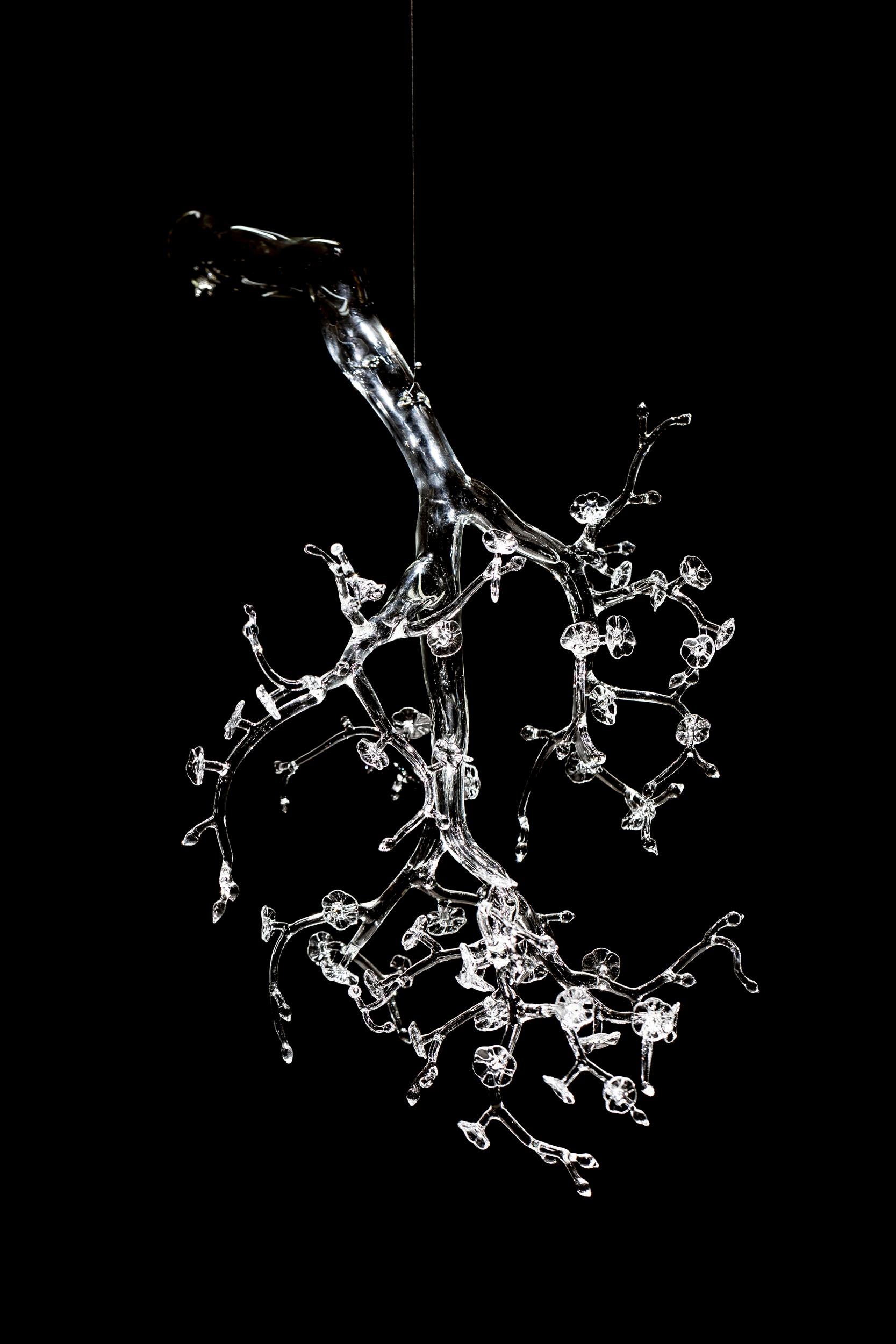 Stunning and elegant chandelier, the fruit of a poetic collaboration mixing hand blown glass by Simone Crestani with the contemporary lighting of Davide Groppi.