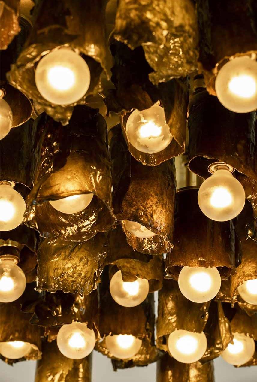 Brass Chlorophyta Chandelier, Contemporary Customizable Lighting with Algae Lampshades For Sale