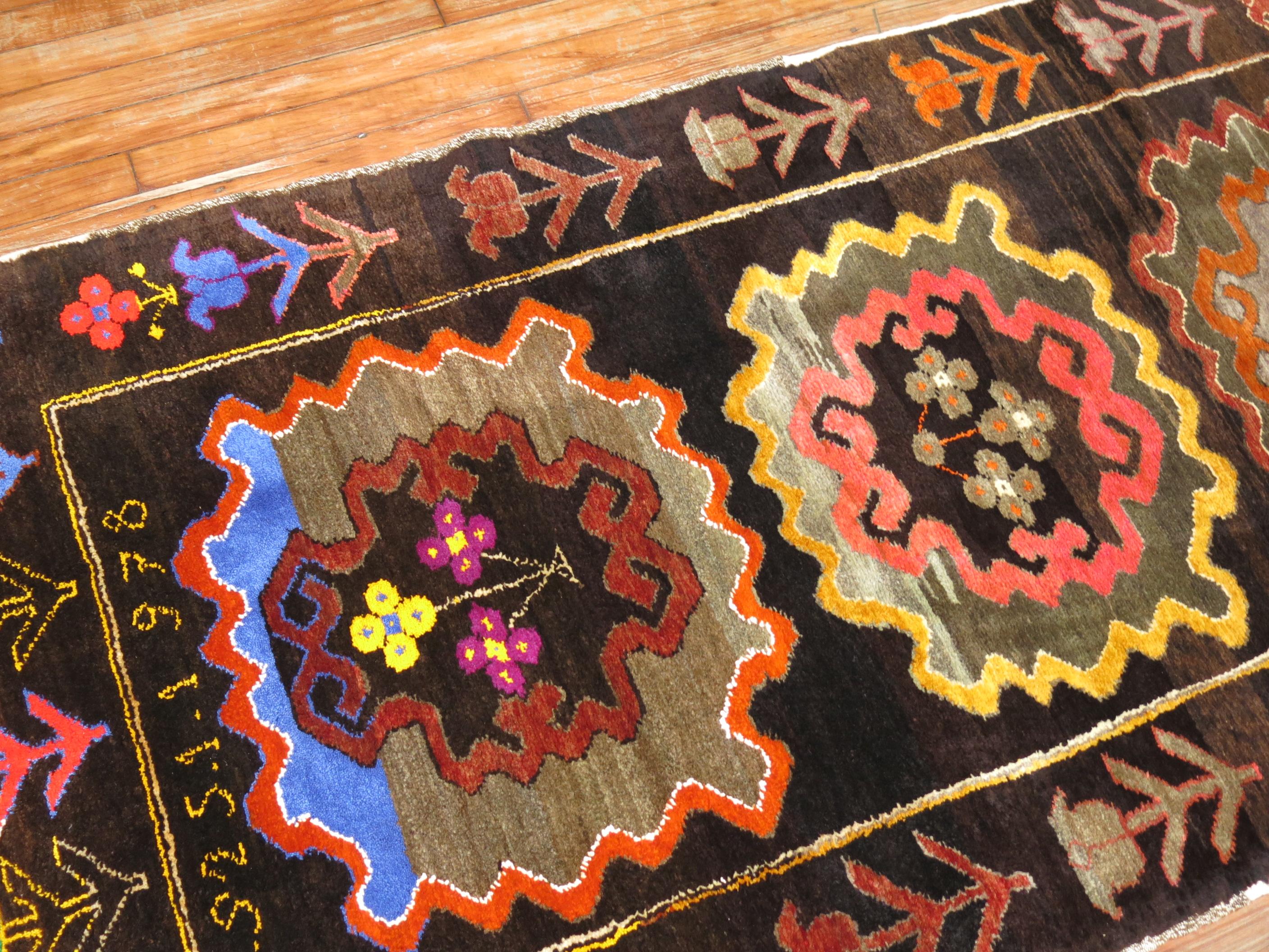 Late 20th Century Chocalate Brown Field Turkish Medallion Runner Dated 1978 For Sale