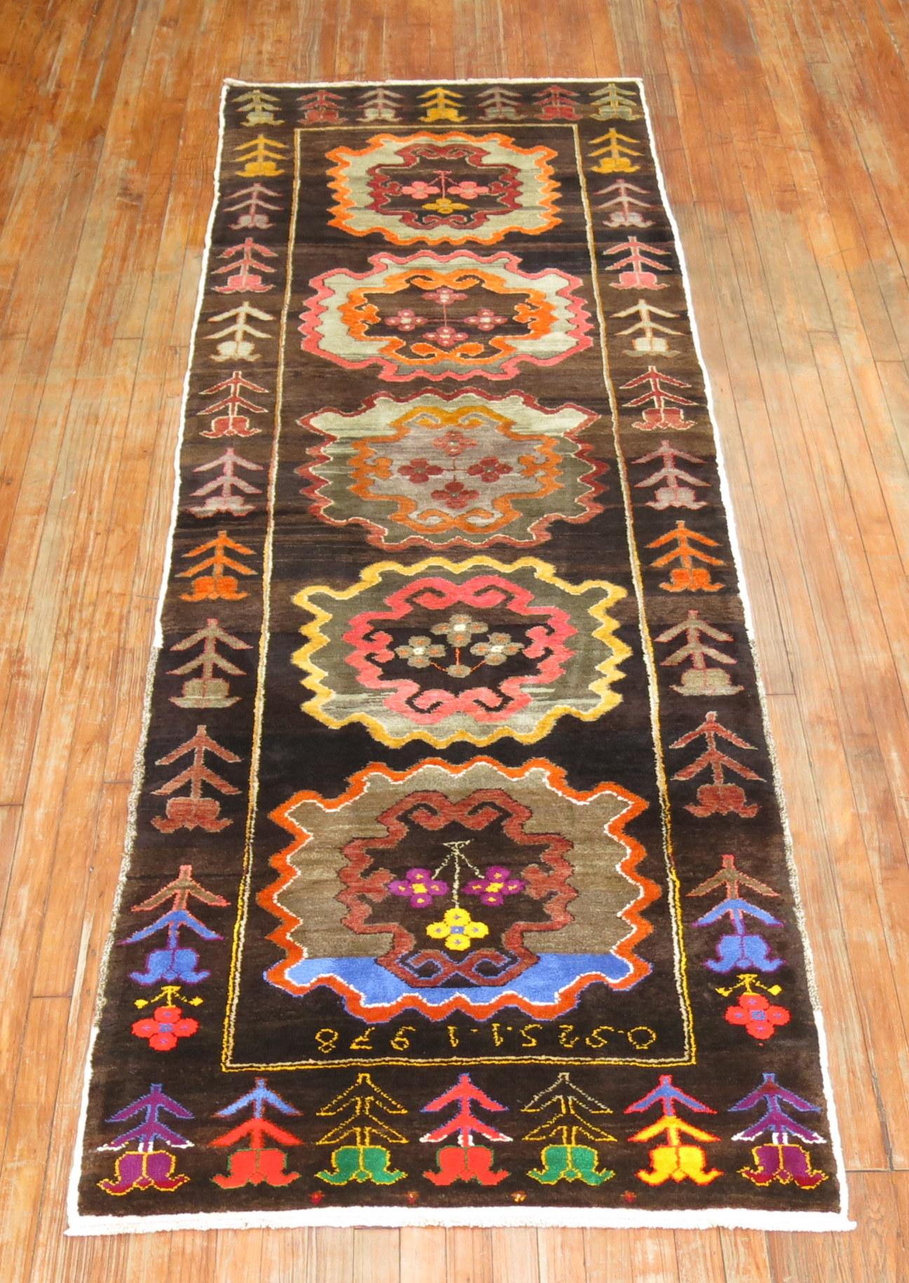 Wool Chocalate Brown Field Turkish Medallion Runner Dated 1978 For Sale