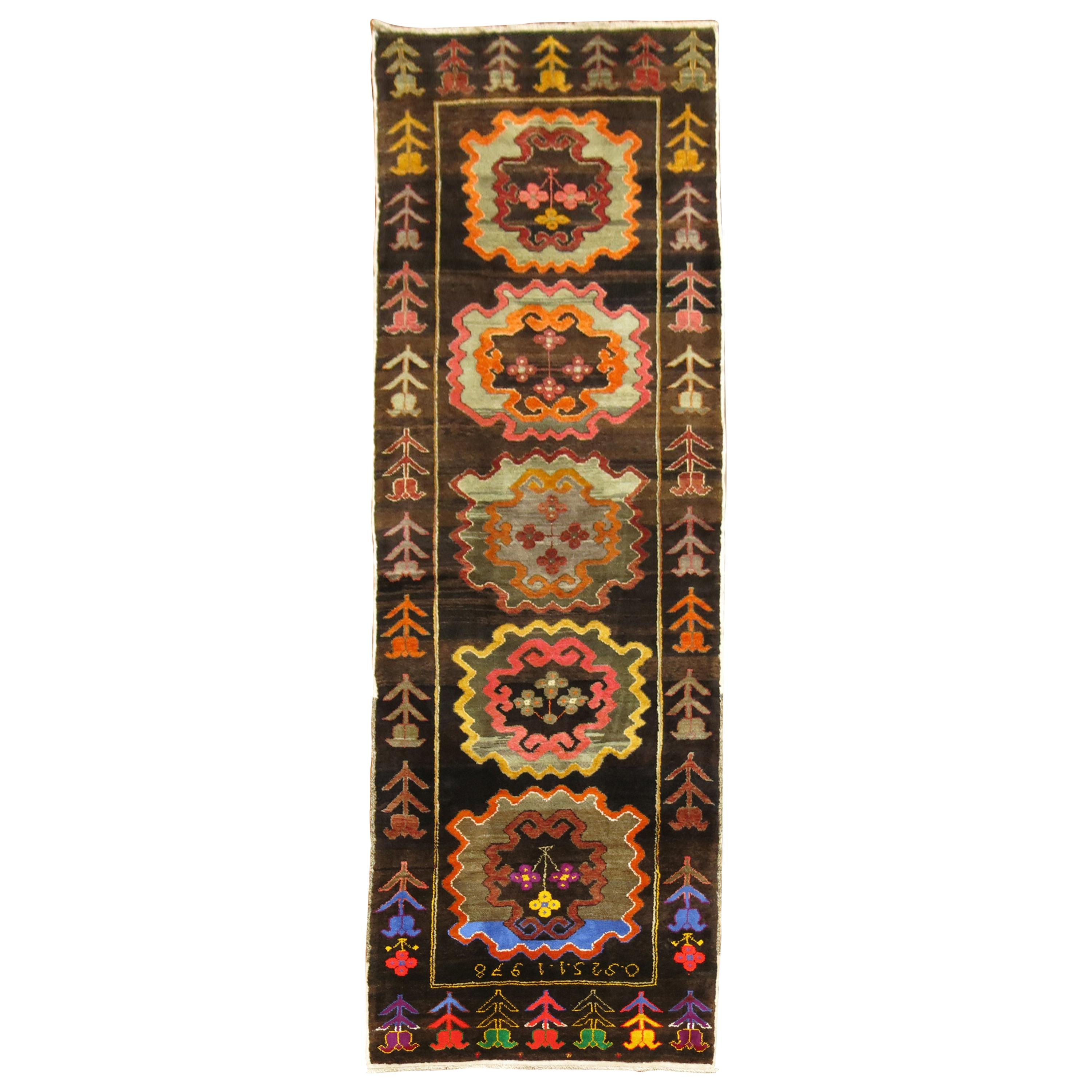 Chocalate Brown Field Turkish Medallion Runner Dated 1978 For Sale