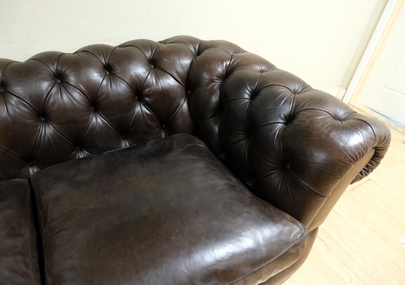 Choclate Brown Chesterfield Two Seater Leather Sofa Feather Filled Cushions 5