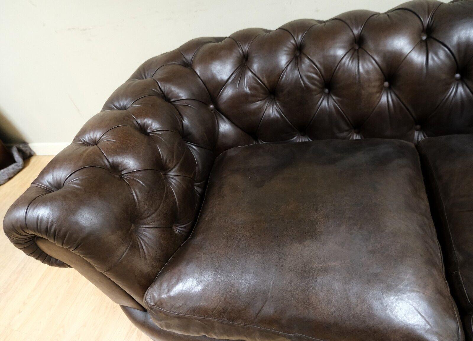 Choclate Brown Chesterfield Two Seater Leather Sofa Feather Filled Cushions 6