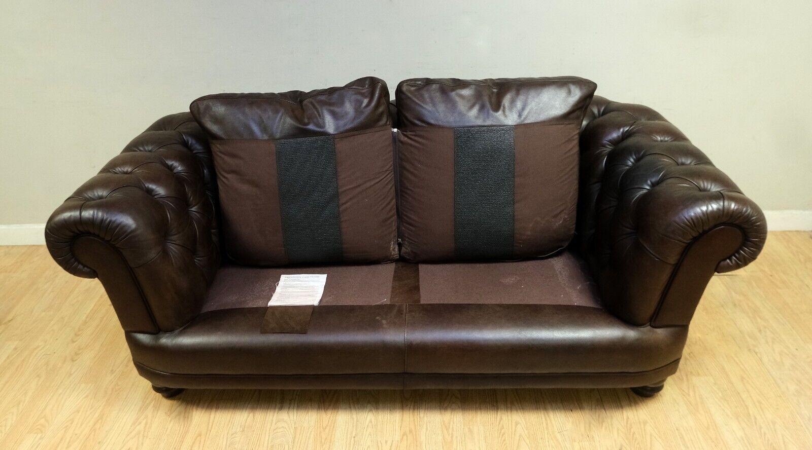 Choclate Brown Chesterfield Two Seater Leather Sofa Feather Filled Cushions 13