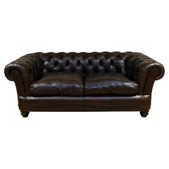 Choclate Brown Chesterfield Two Seater Leather Sofa Feather Filled Cushions