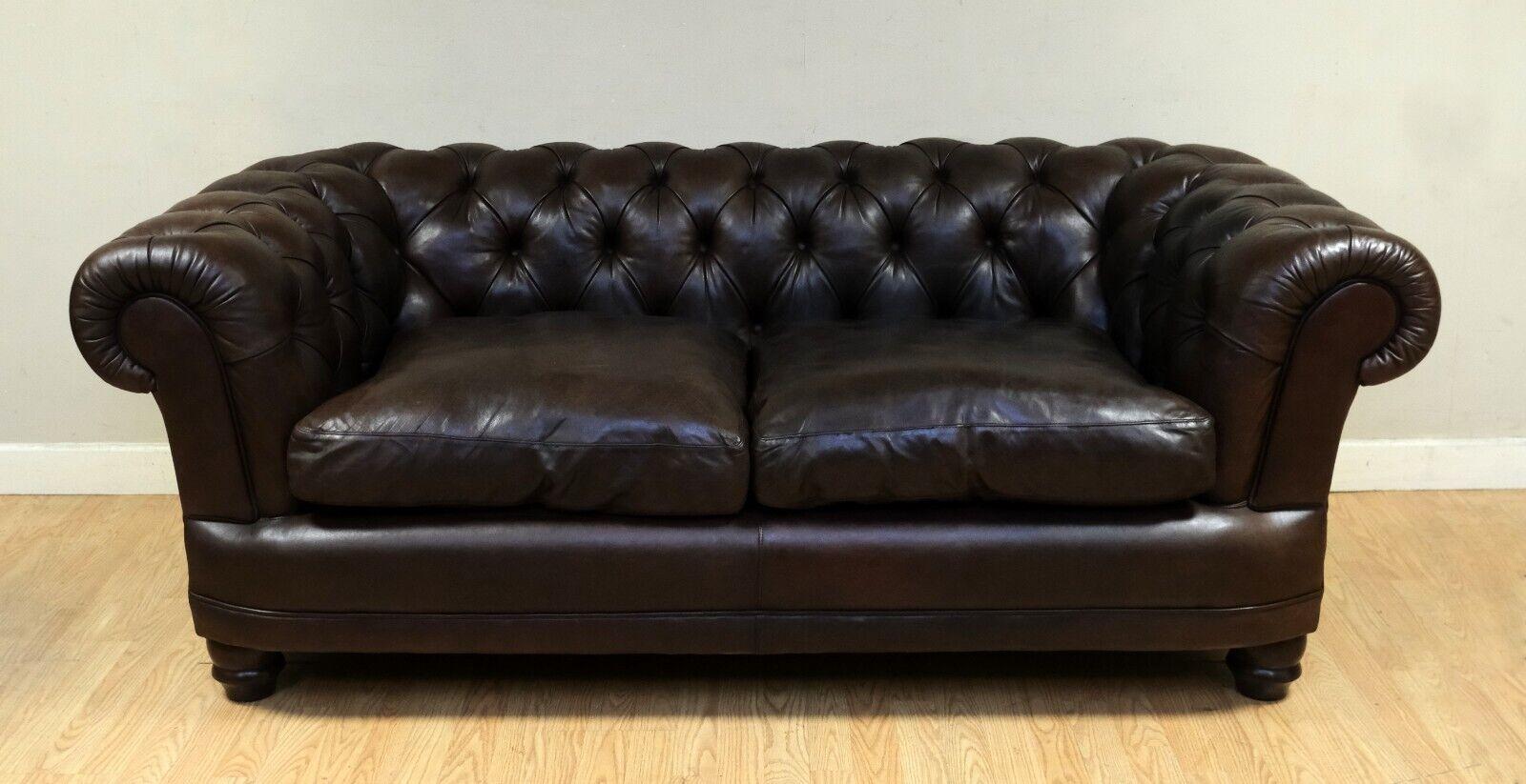 English Choclate Brown Chesterfield Two Seater Leather Sofa Feather Filled Cushions
