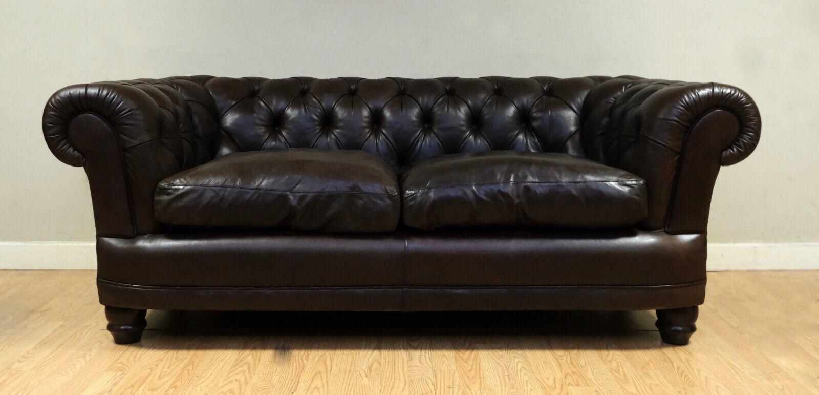 Hand-Crafted Choclate Brown Chesterfield Two Seater Leather Sofa Feather Filled Cushions