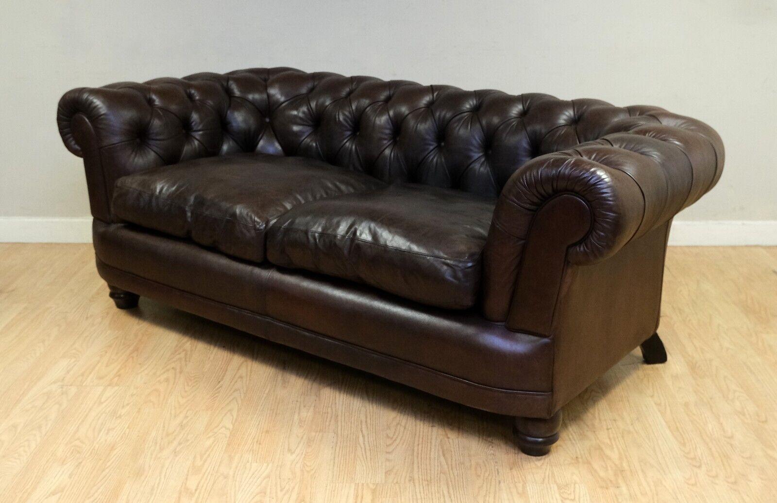 20th Century Choclate Brown Chesterfield Two Seater Leather Sofa Feather Filled Cushions