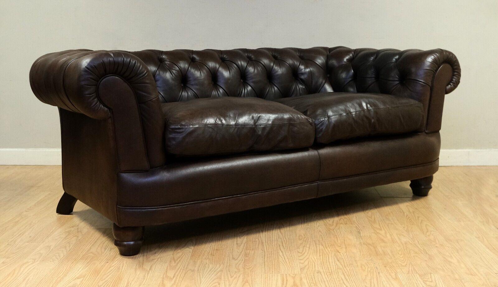 Choclate Brown Chesterfield Two Seater Leather Sofa Feather Filled Cushions 1