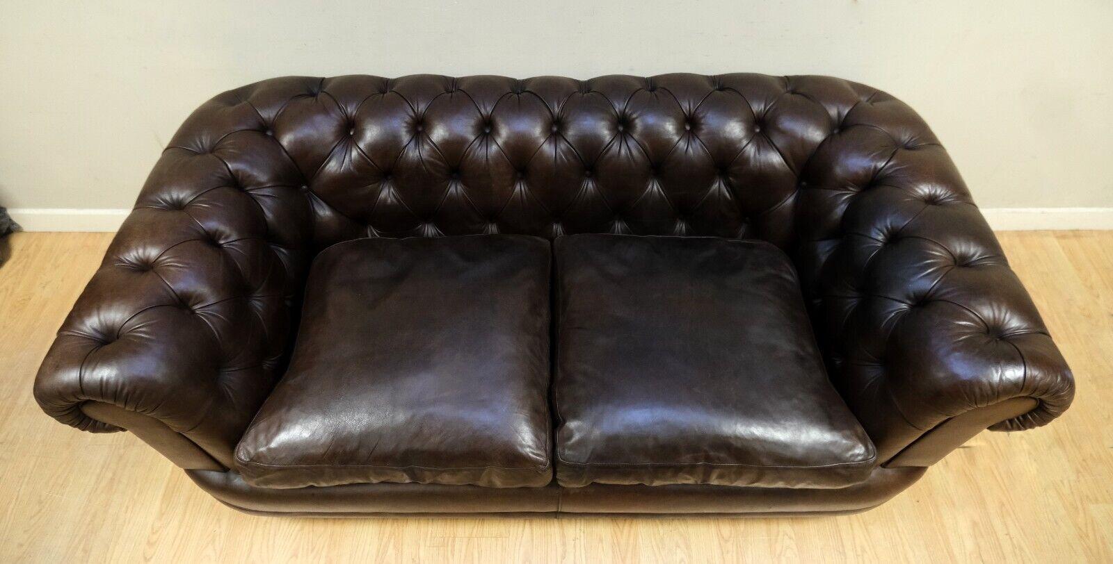 Choclate Brown Chesterfield Two Seater Leather Sofa Feather Filled Cushions 2