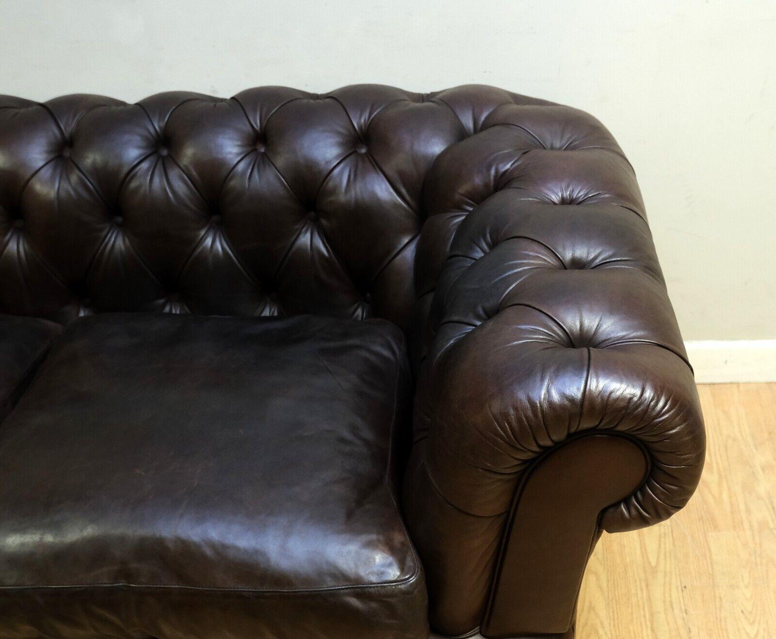 Choclate Brown Chesterfield Two Seater Leather Sofa Feather Filled Cushions 3