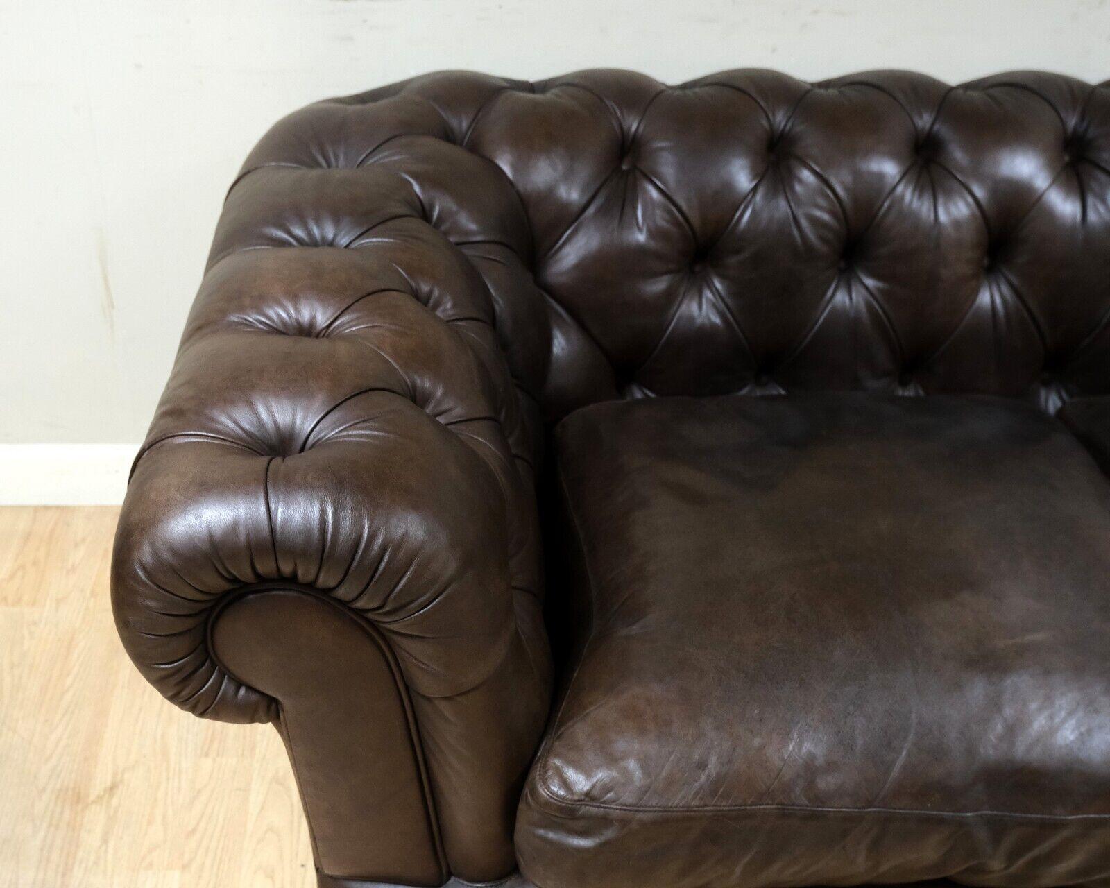 Choclate Brown Chesterfield Two Seater Leather Sofa Feather Filled Cushions 4