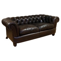 Choclate Brown Chesterfield Two Seater Leather Sofa Feather Filled Cushions
