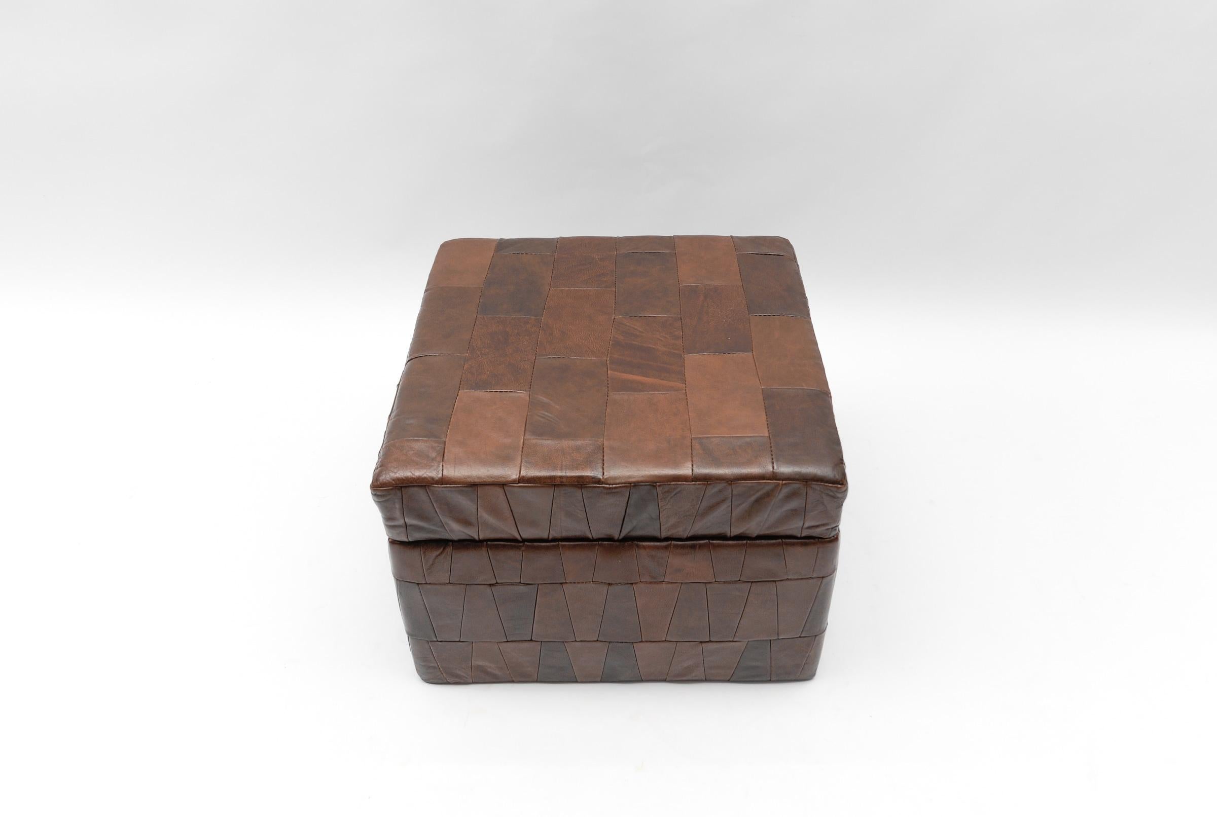 Late 20th Century Choco Brown Leather Patchwork Pouf with Storage Space from De Sede, 1960s For Sale