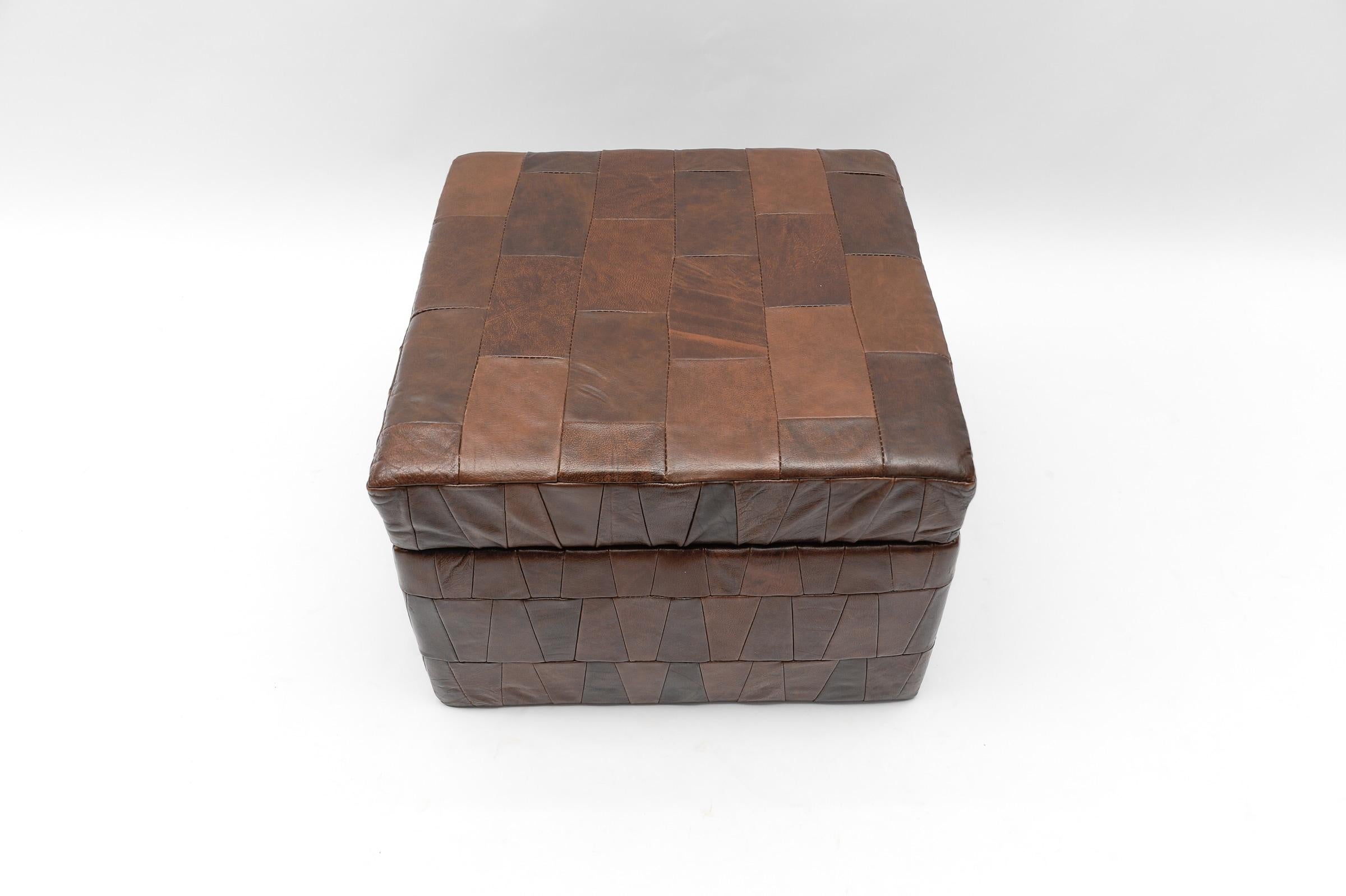 Choco Brown Leather Patchwork Pouf with Storage Space from De Sede, 1960s For Sale 2