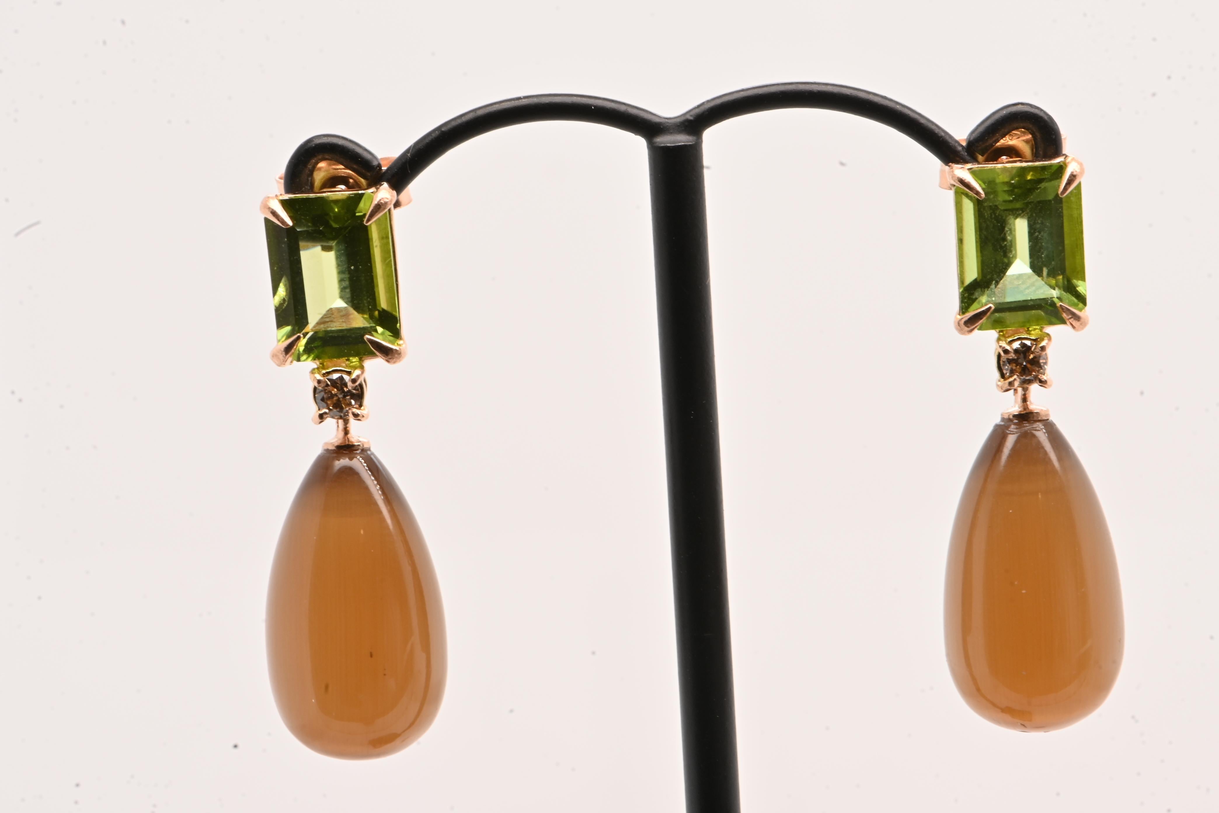 Brilliant Cut Choco Moonstone Peridoto Diamonds Rose Gold 18 Carats For Sale