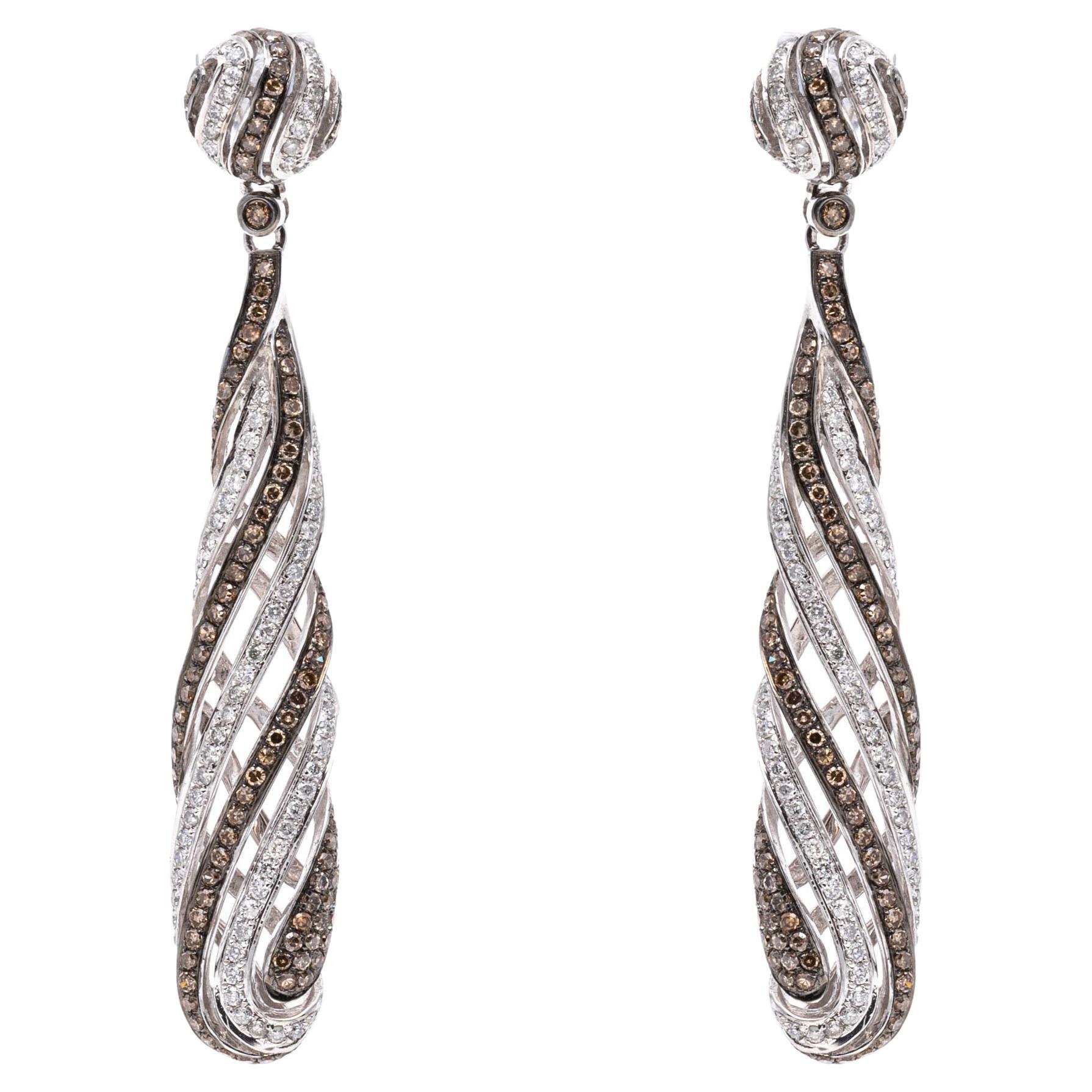 14K White Gold Chocolate and White Diamond Twist Drop Earrings, App. 1.77 TCW For Sale