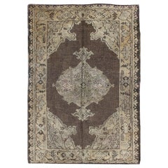 Chocolate Background Vintage Turkish Oushak Rug with Floral Medallion in Cream