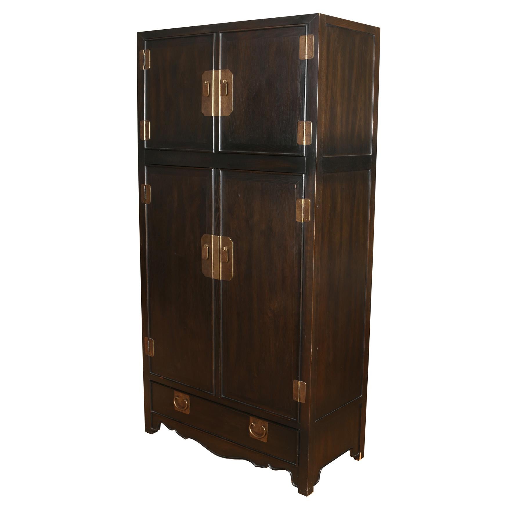 Painted Chocolate Brown Asian Style Armoire with Brass Hardware For Sale