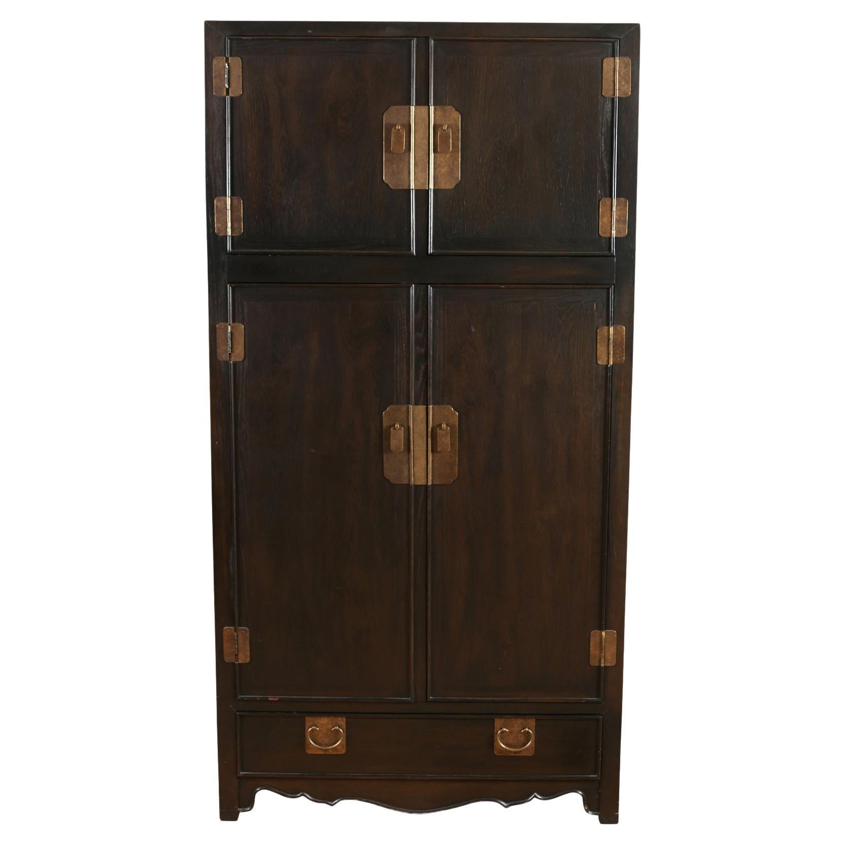 Chocolate Brown Asian Style Armoire with Brass Hardware For Sale