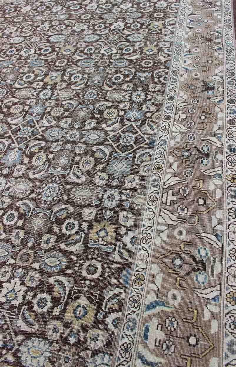 Chocolate Brown Background Antique Persian Tabriz Rug with All-Over Design For Sale 7
