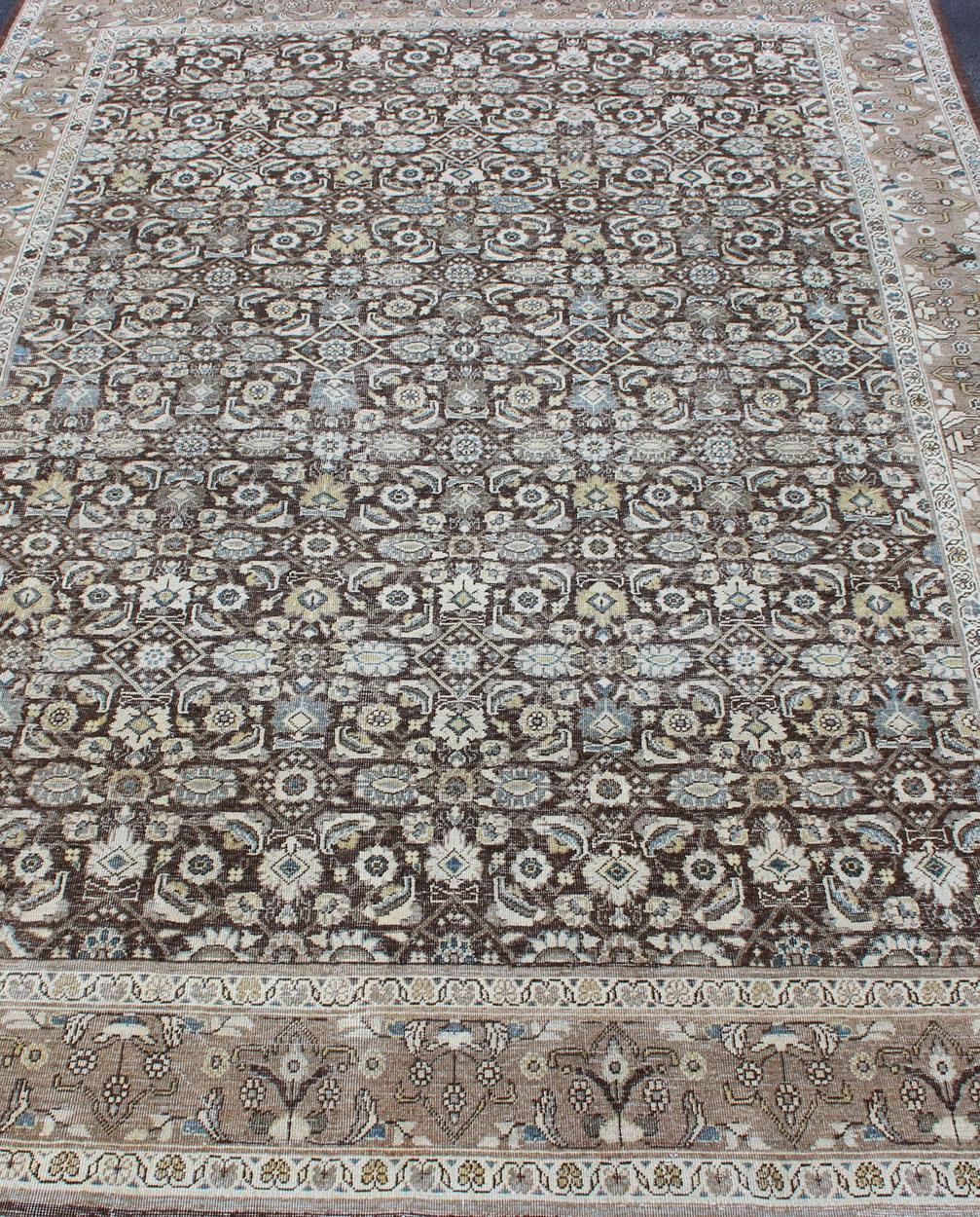 Chocolate Brown Background Antique Persian Tabriz Rug with All-Over Design For Sale 8