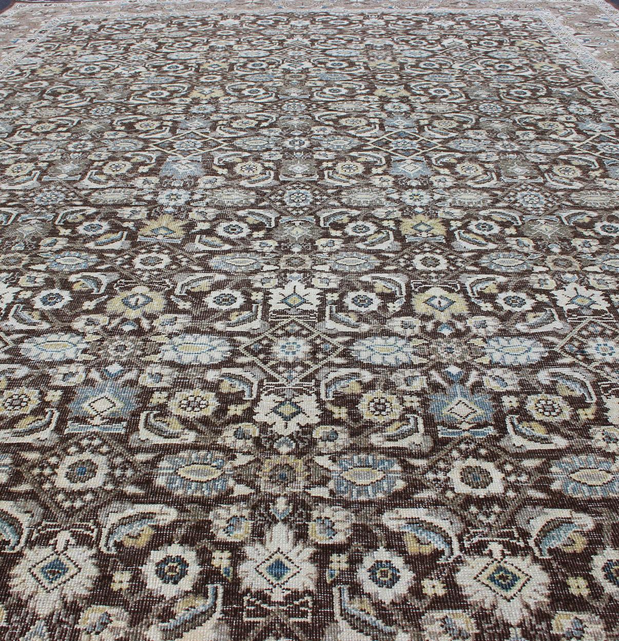 Chocolate Brown Background Antique Persian Tabriz Rug with All-Over Design For Sale 9