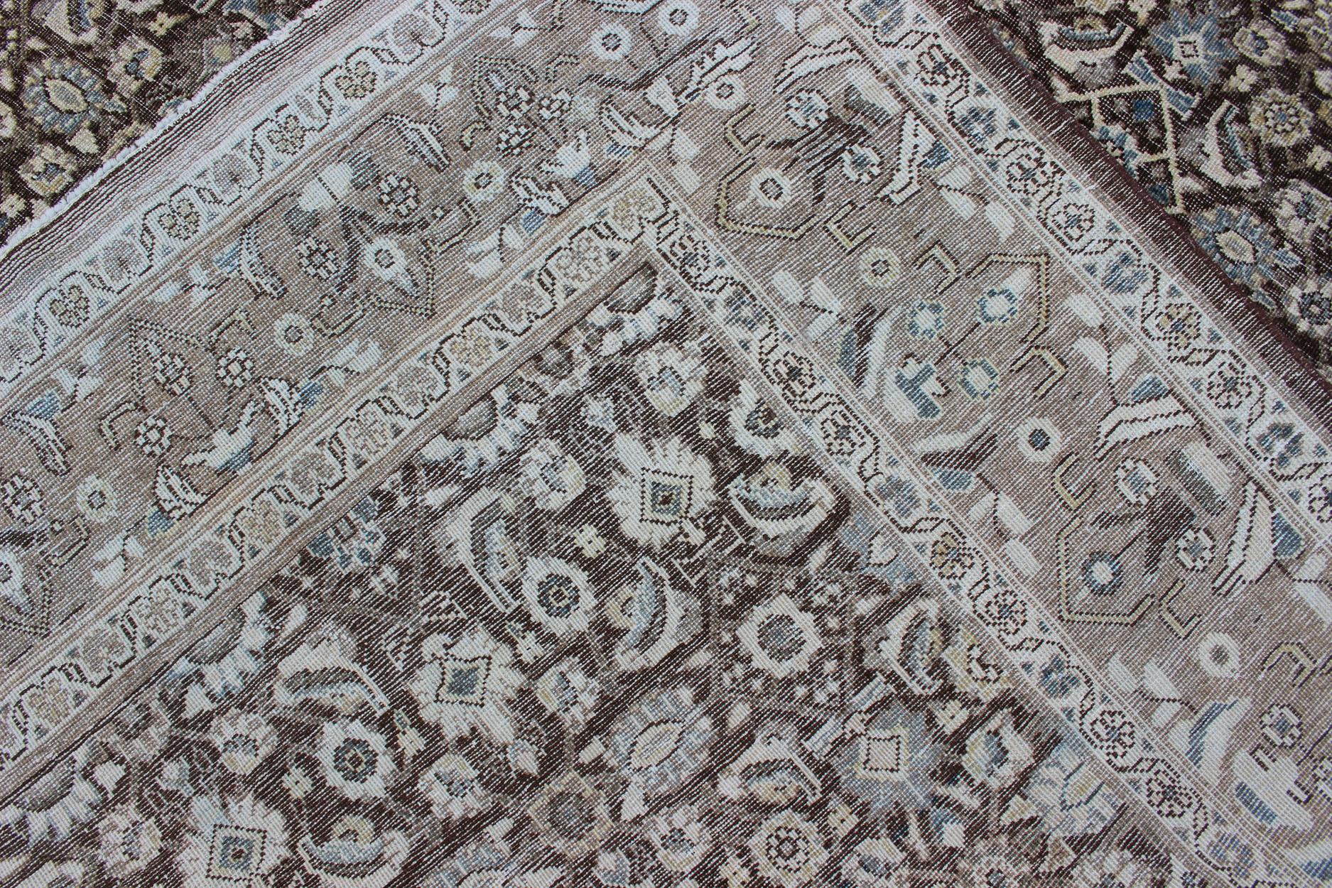 Chocolate Brown Background Antique Persian Tabriz Rug with All-Over Design For Sale 10