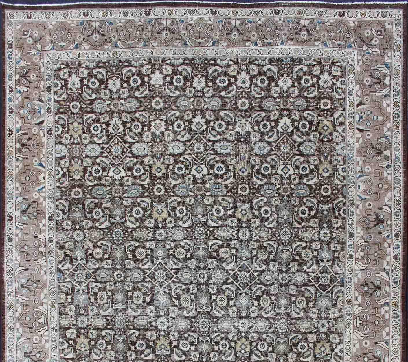 Chocolate background and light brown border antique Persian Tabriz rug with all-over Herati design and geometric border, rug SUS-2007-285, country of origin / type: Iran / Tabriz, circa 1930

This antique Persian Tabriz rug was handwoven in the