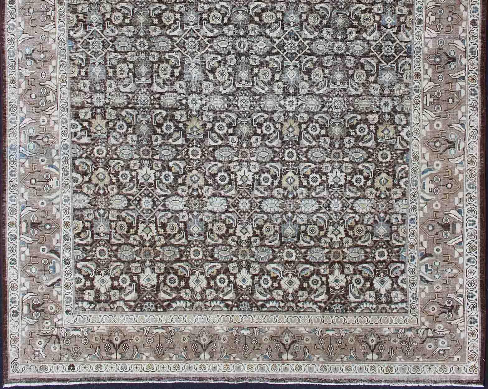 Hand-Knotted Chocolate Brown Background Antique Persian Tabriz Rug with All-Over Design For Sale
