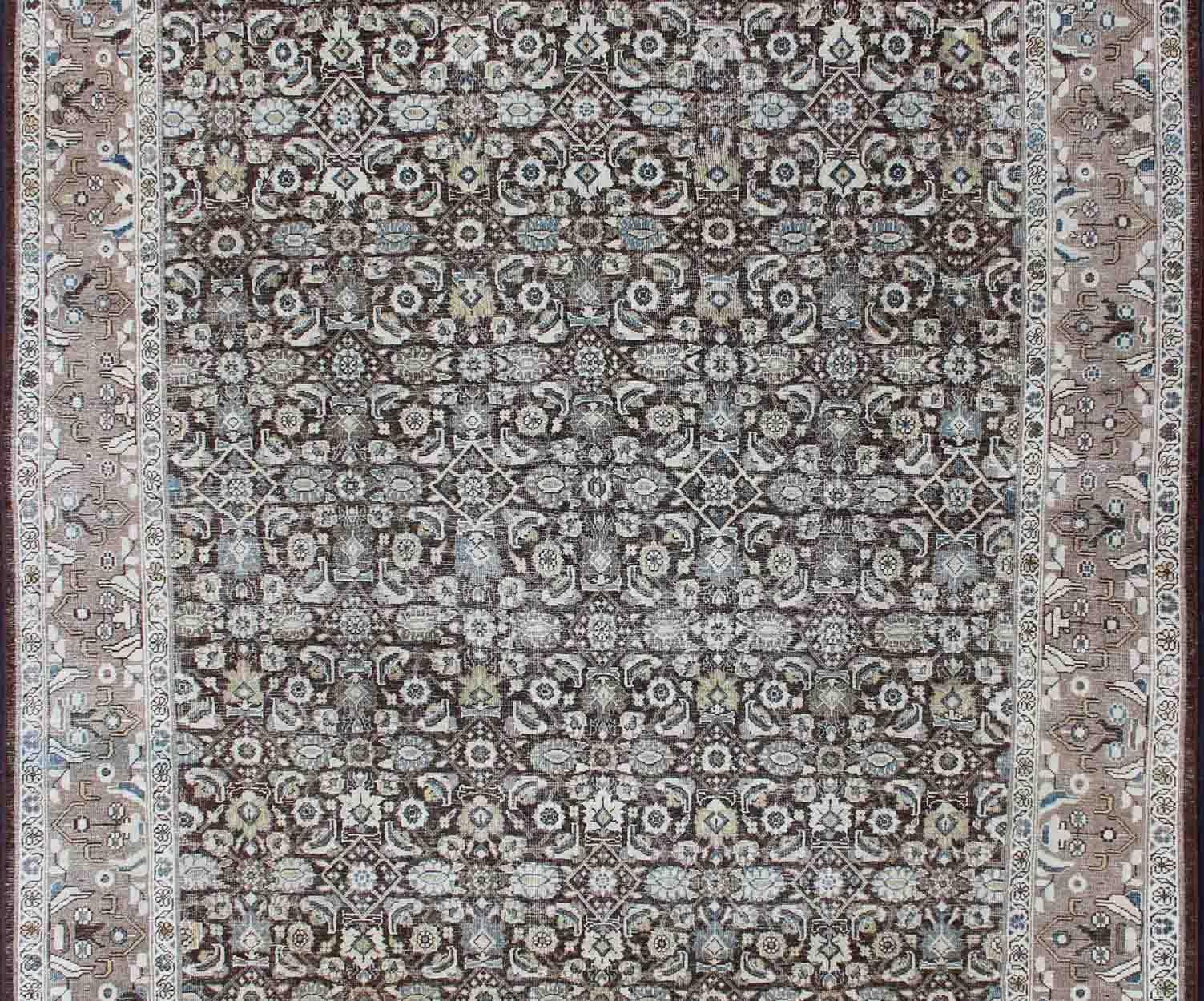 Chocolate Brown Background Antique Persian Tabriz Rug with All-Over Design In Good Condition For Sale In Atlanta, GA