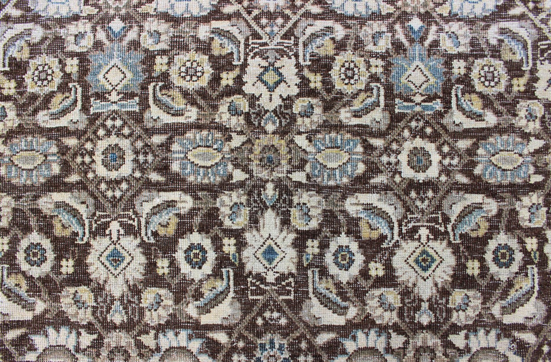 Chocolate Brown Background Antique Persian Tabriz Rug with All-Over Design For Sale 2