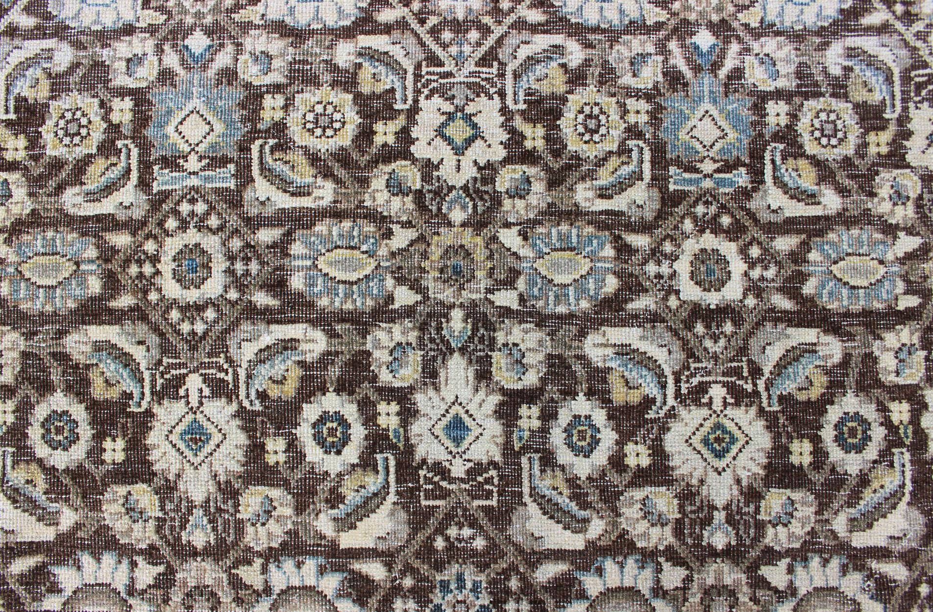 Chocolate Brown Background Antique Persian Tabriz Rug with All-Over Design For Sale 2