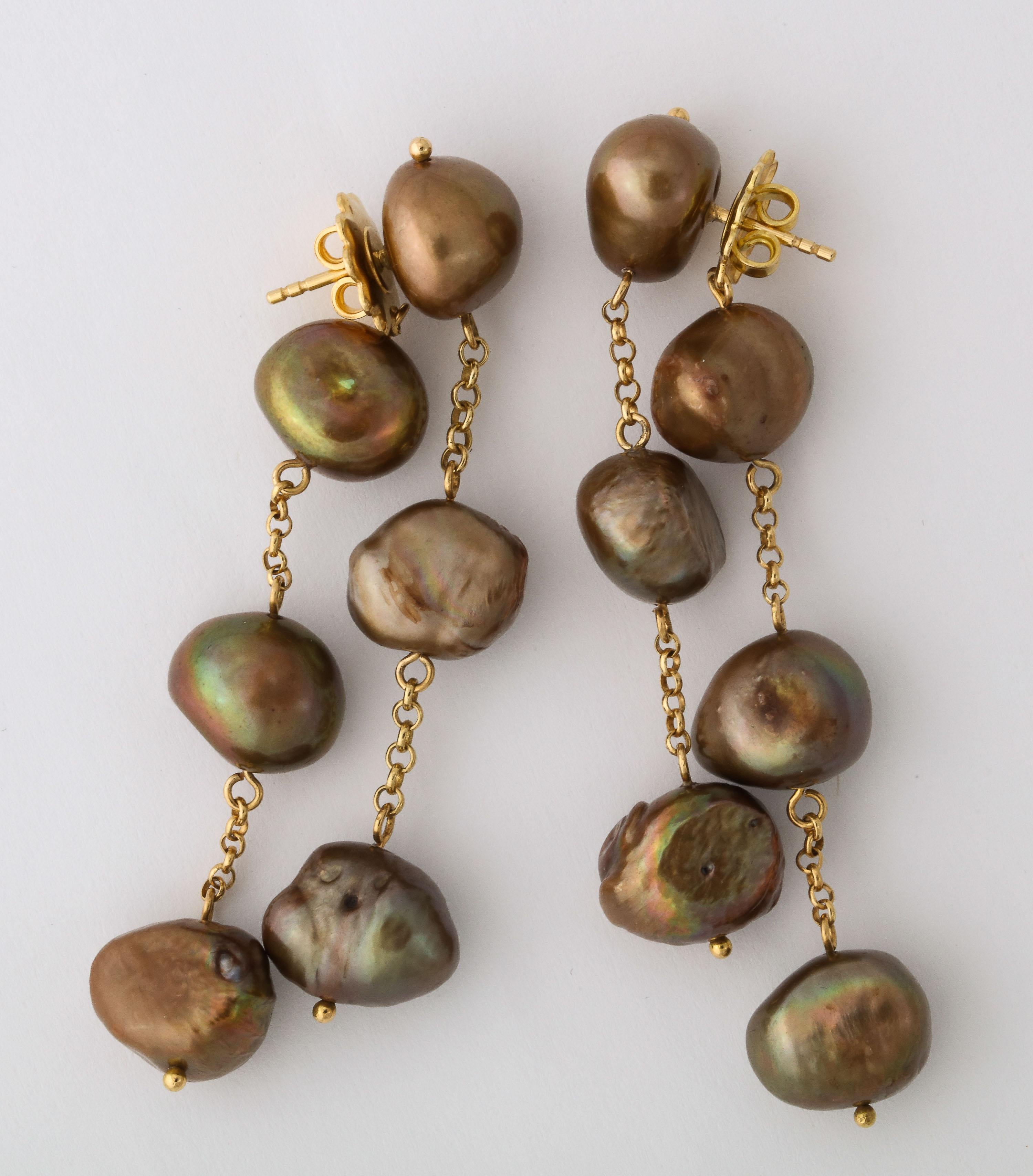 Very fluid front & back Chocolate Brown Baroque Pearl Earrings suspended on an 18kt Yellow Gold chain. Both front three pearls  dangling on chain and back 3 attached to large push post marked 750.  Very sexy and alluring.  Top & bottom pearl on each