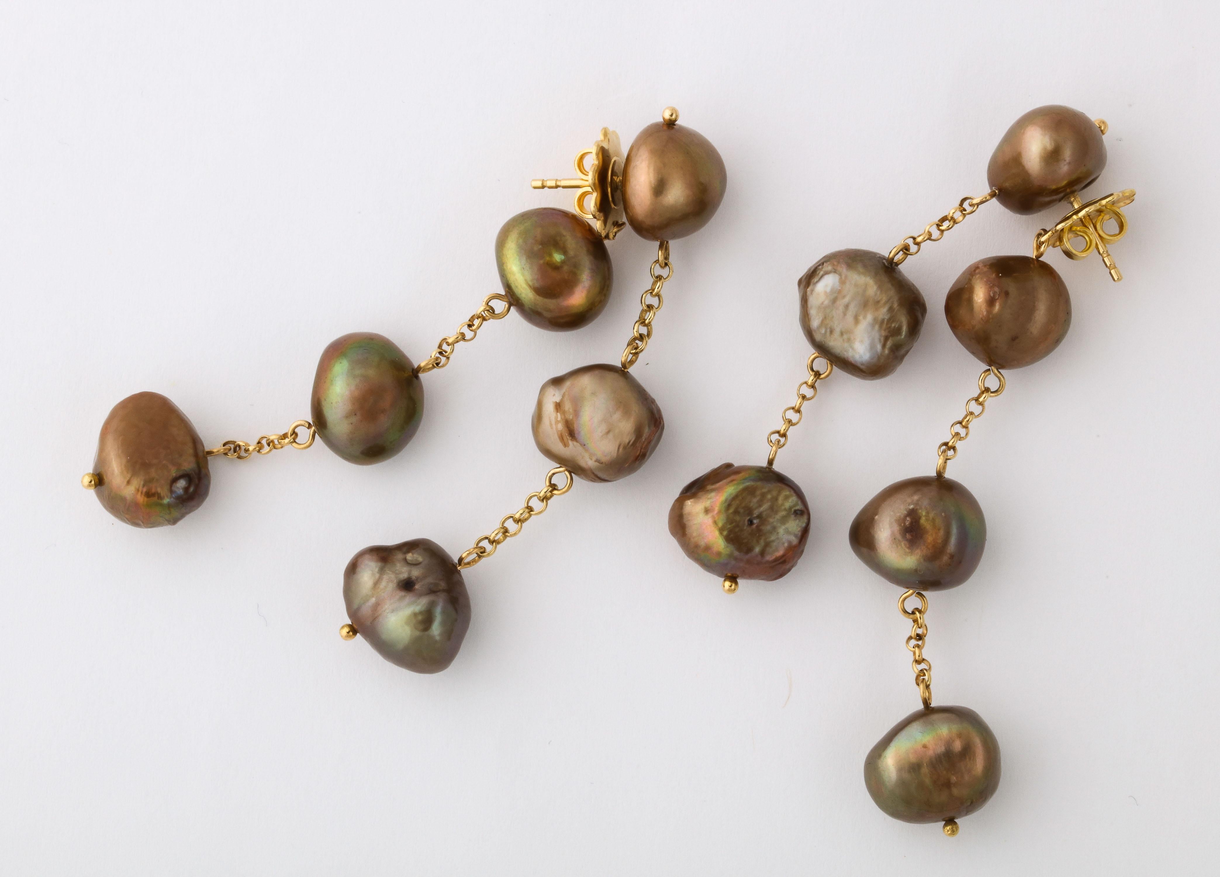 Uncut Chocolate Brown Baroque Pearl Dangling Earrings on 18 Karat Yellow Gold Chain For Sale