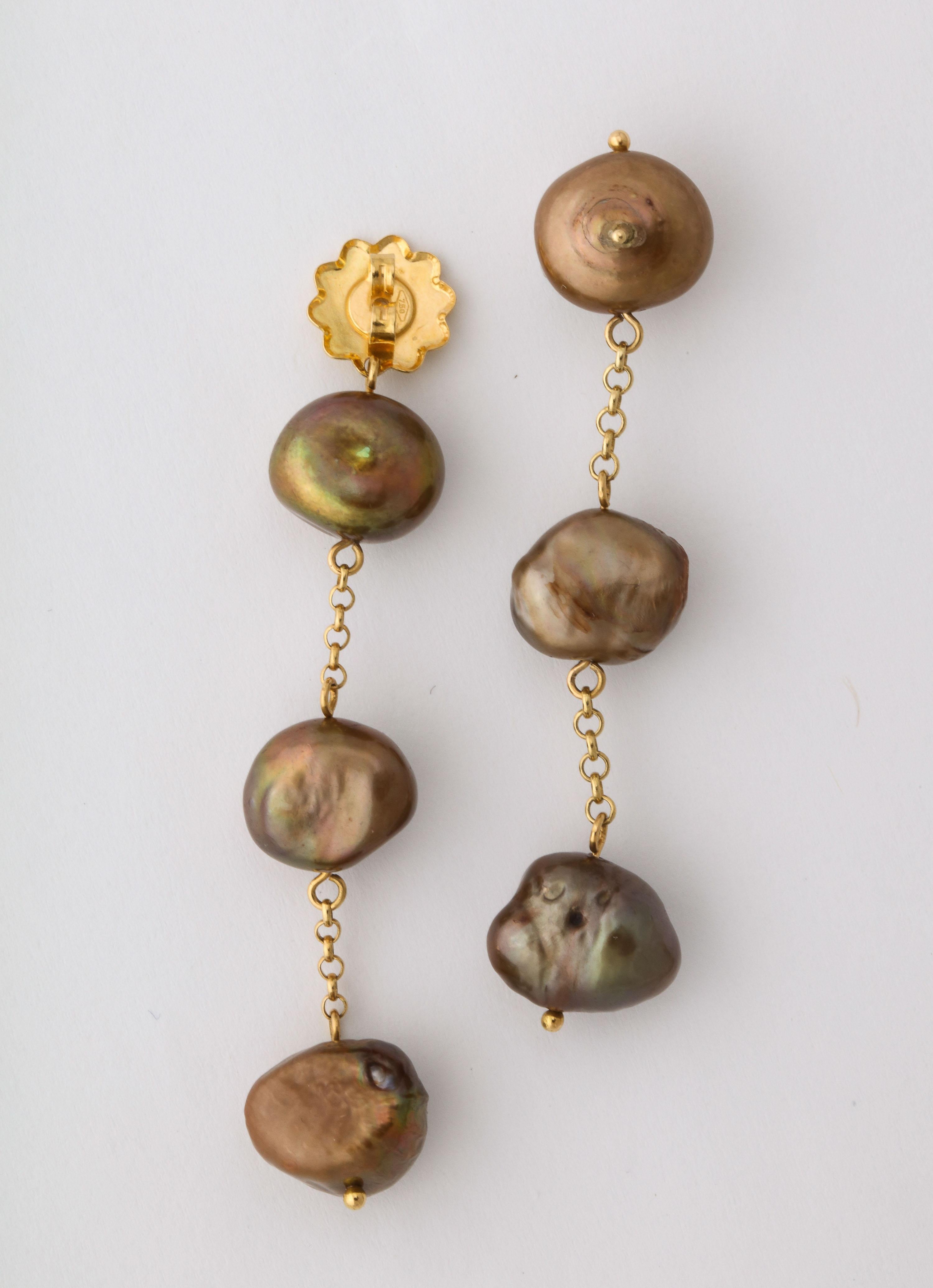 Women's Chocolate Brown Baroque Pearl Dangling Earrings on 18 Karat Yellow Gold Chain For Sale