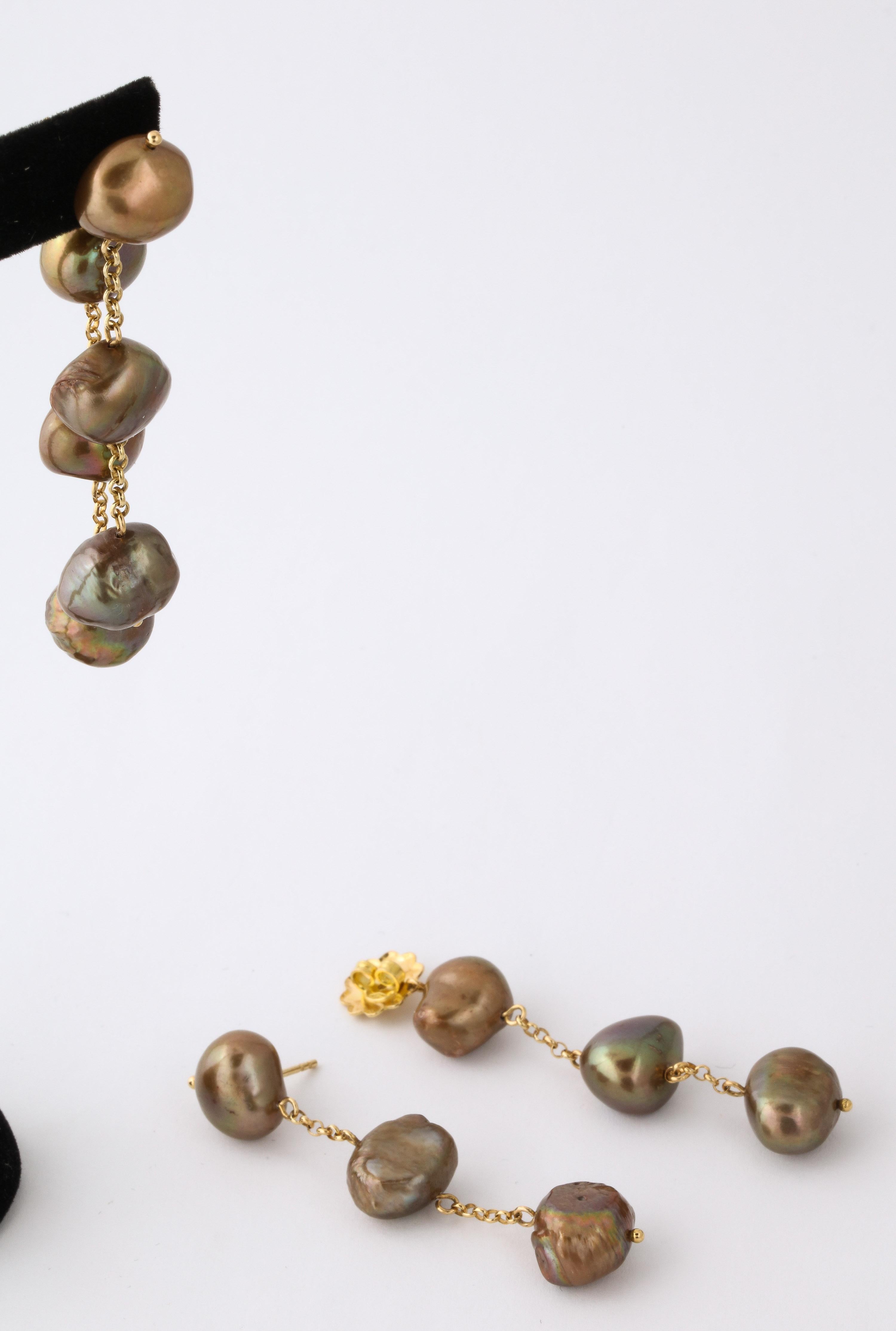 Chocolate Brown Baroque Pearl Dangling Earrings on 18 Karat Yellow Gold Chain For Sale 1